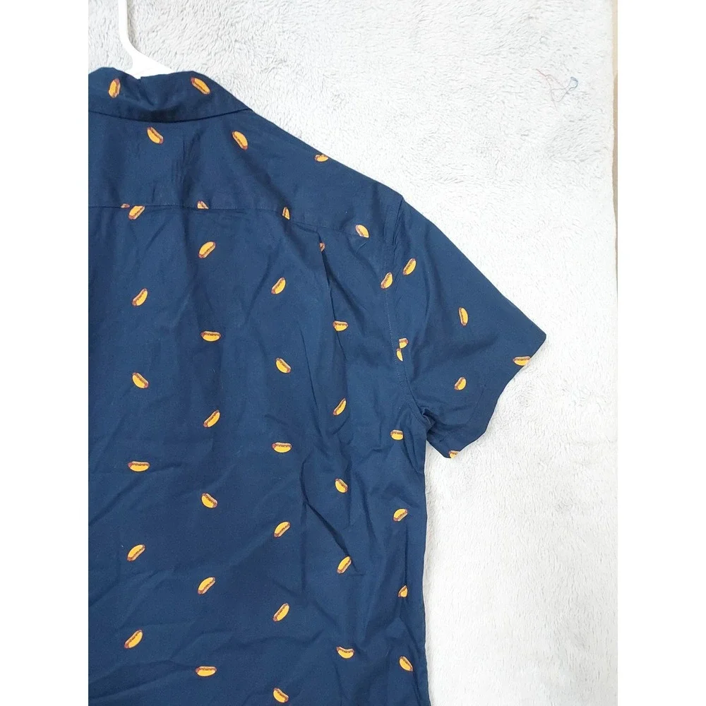 J Crew Shirt Mens Small Slim Flex Washed Hot Dog Print Short Sleeve Blue Novelty